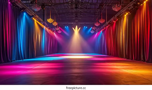 Empty stage with colorful lighting and spotlights