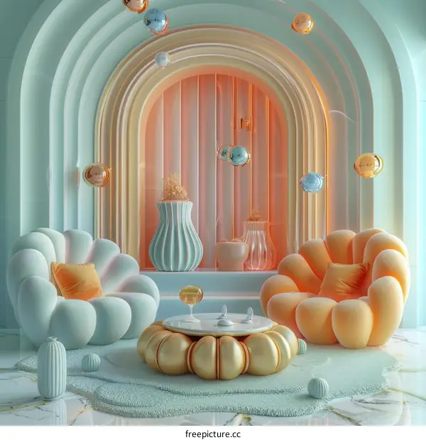 Two armchairs in a surreal colorful room