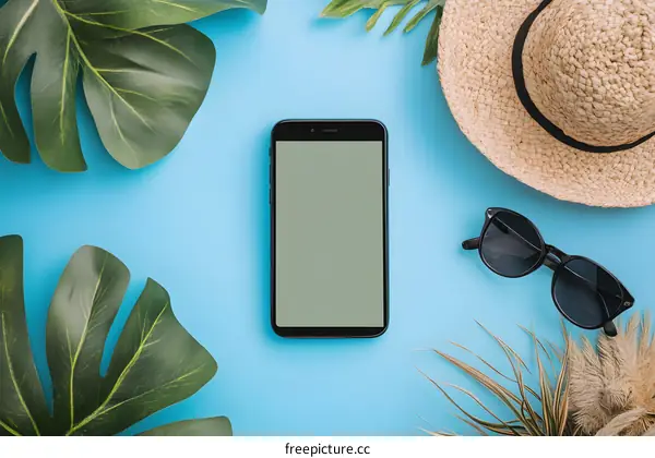 Summer Travel Essentials Flat Lay with Smartphone