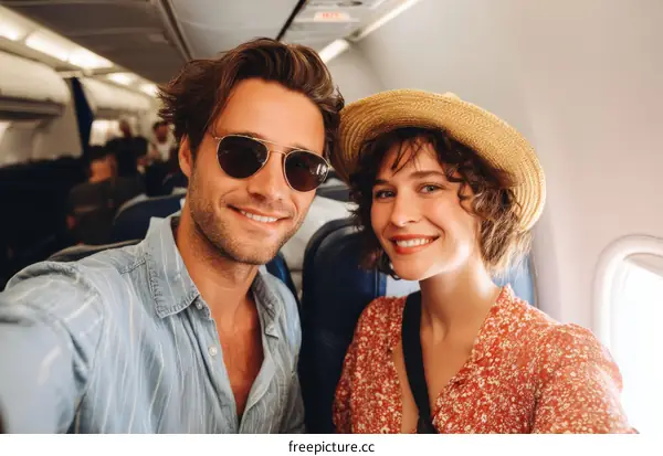 Couple on Airplane Taking Selfie