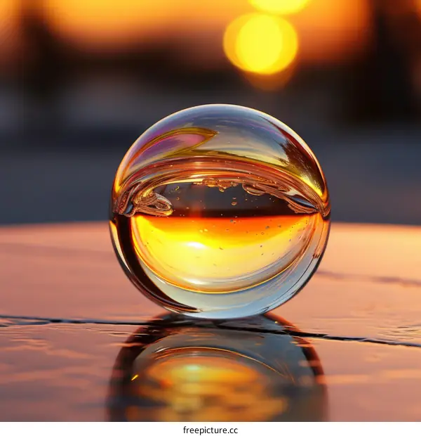 Glass Ball on a Reflective Surface with a Sunset