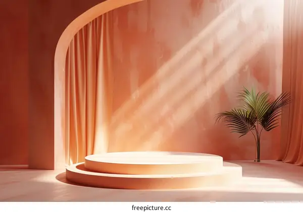 Elegant Peachy Pastel Studio Scene with Curvy Arch and Draped Fabric