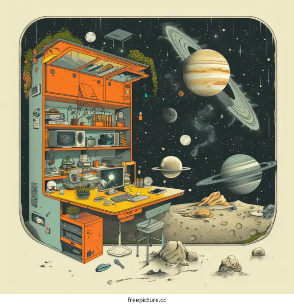 Desk in Space with Planets and Stars