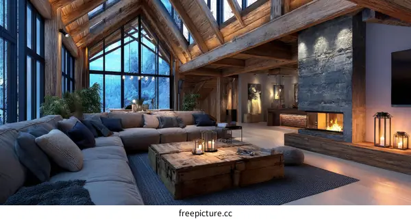 Cozy Mountain Cabin Living Room with Snowy Views