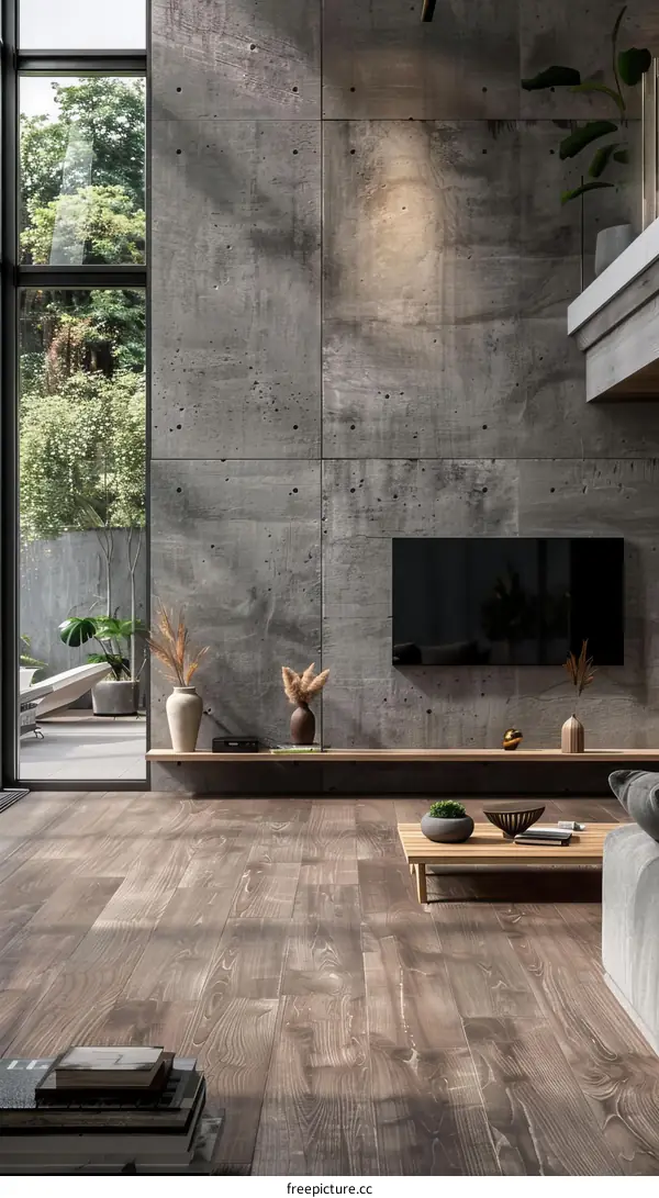 Modern minimalist living room interior design with concrete wall and wooden floor