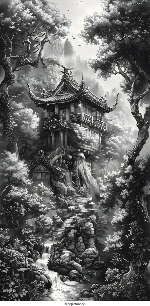 Pencil Drawing of a Chinese Pagoda in a Mountain Forest