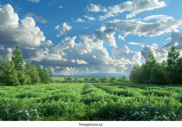 Beautiful Summer Day in a Green Field with Dramatic Clouds
