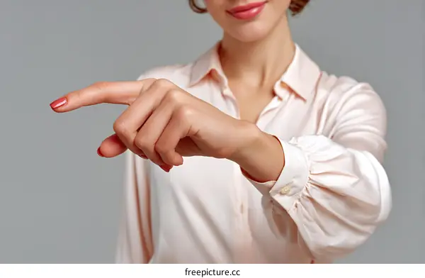 Woman Pointing with Pink Blouse