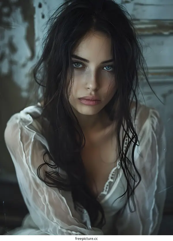 portrait of a beautiful young woman with dark hair and blue eyes