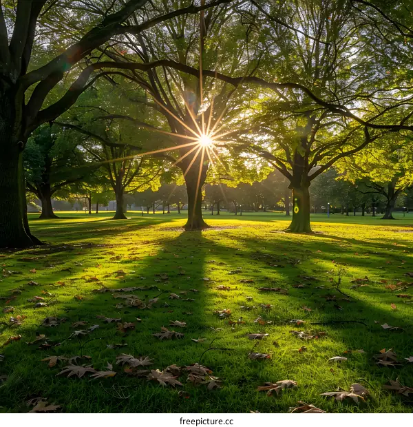 The sun shines through the tall trees in the park