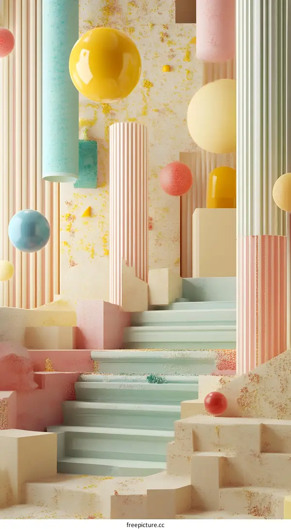 Abstract 3D Geometric Shapes Render with  Pastel Colors