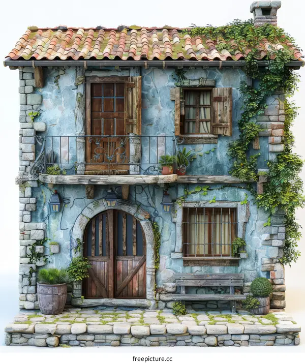 Stone Cottage With Vines And Red Tile Roof