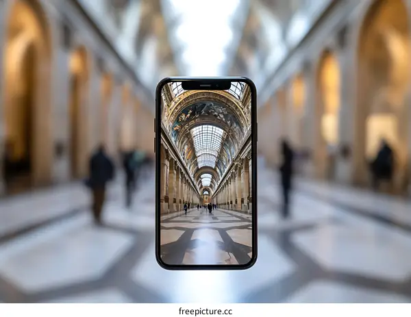 Phone Screen Displaying an Interior View of a Historic Building in Paris
