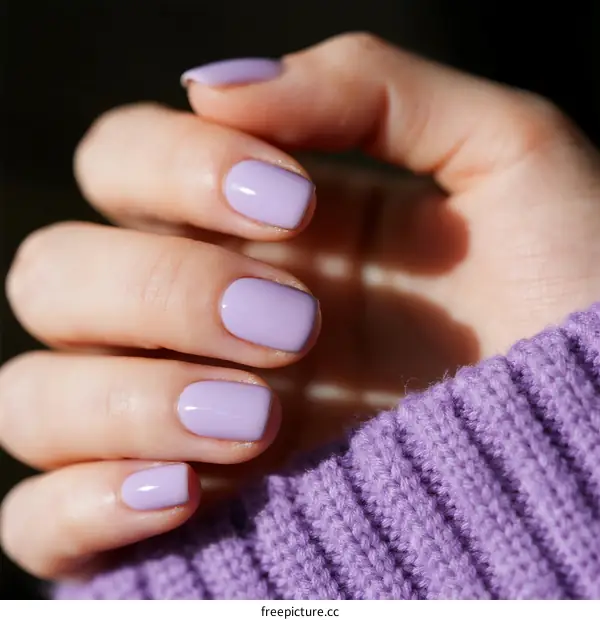 Close-up of female hand with light purple nail polish on fingers