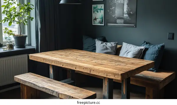 Rustic Wooden Dining Table and Benches in a Modern Farmhouse Style