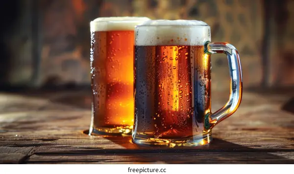 Two glasses of amber beer on wooden table