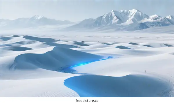 A vast snowy desert with snow-capped mountains in the distance
