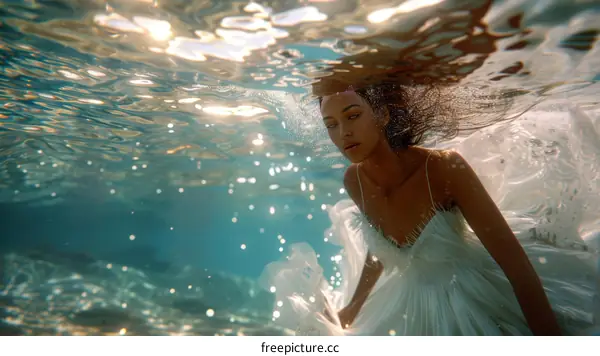 An underwater photo of a woman in a white dress