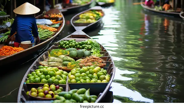 Floating market in Thailand with boats full of fresh fruits and vegetables
