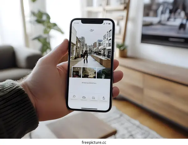 Man Holding Smartphone with Photos of City Street