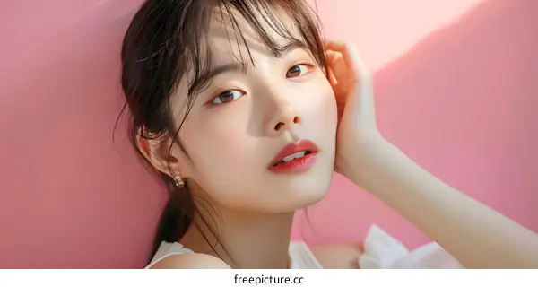 Beautiful Asian Woman with Long Hair Posing in Pink Background