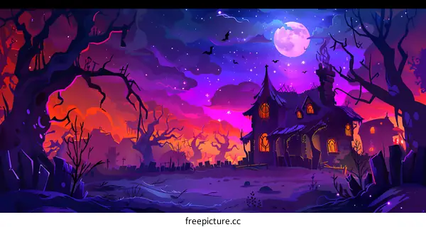 Haunted House with Graveyard and Moon in the Night Sky Halloween Illustration