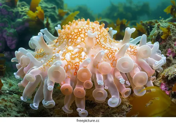 Underwater anemone with white and orange tentacles