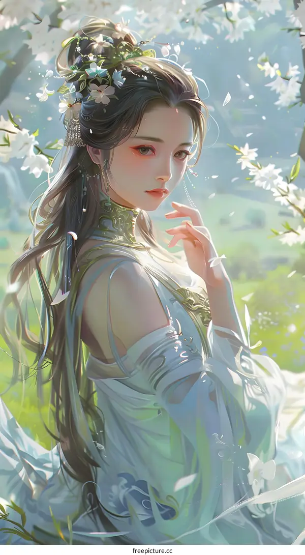 Beautiful Woman in a White Dress with Flowers in Her Hair