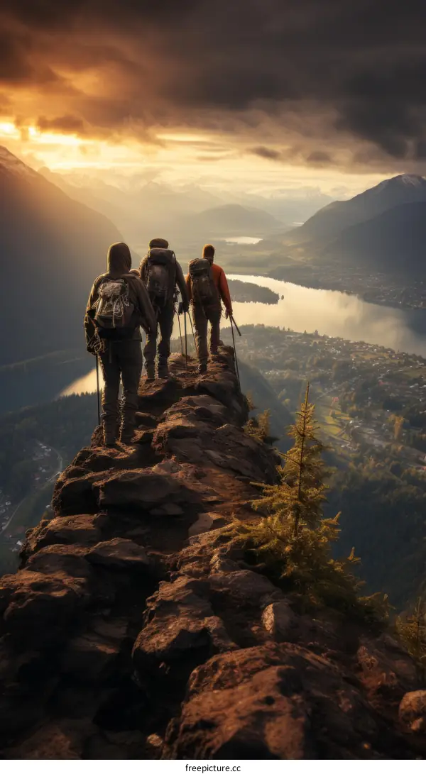 Hikers Overlooking a Valley and Lake at Sunset
