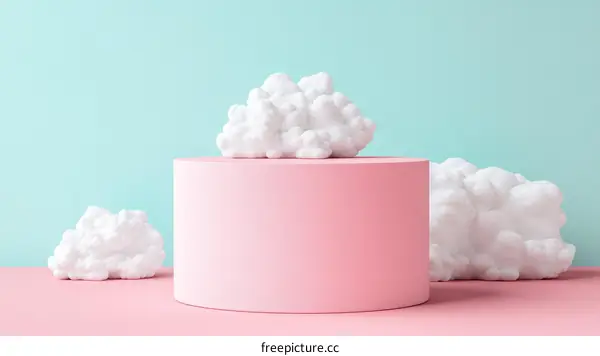 Abstract Pink Cylinder Display with Fluffy Clouds