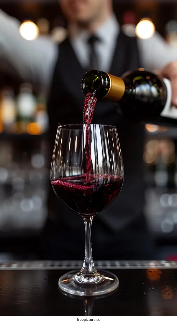 bartender pouring red wine into glass at bar counter