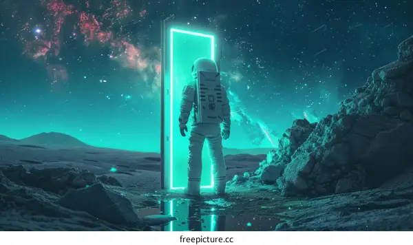 Astronaut in a spacesuit standing in front of a portal on an alien planet