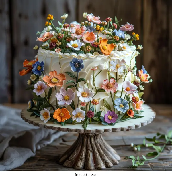 A cake decorated with various kinds of flowers