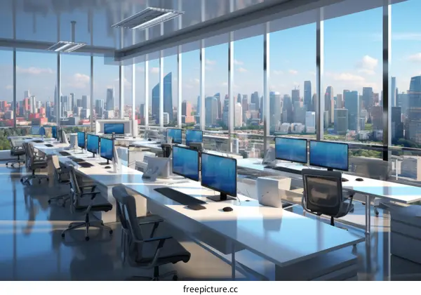 An illustration of a modern office with a city view