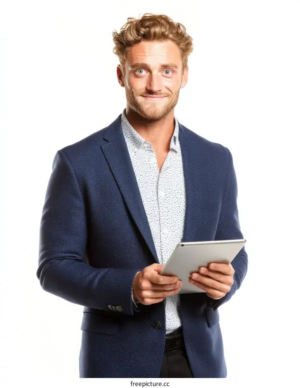 Businessman holding a tablet against a white background