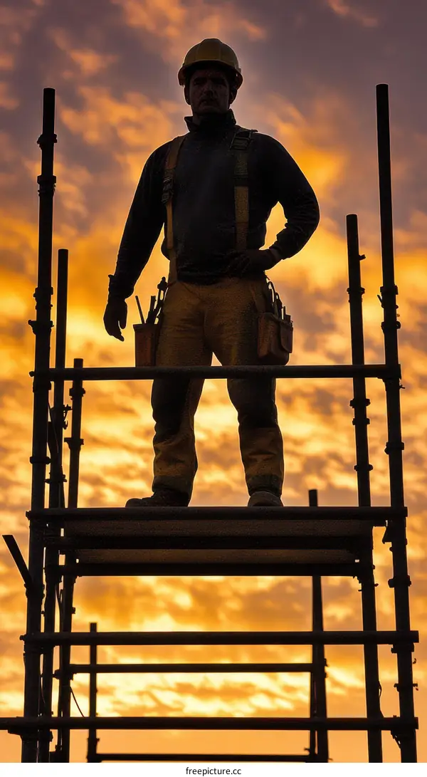 Construction Worker on High Scaffolding at Sunset