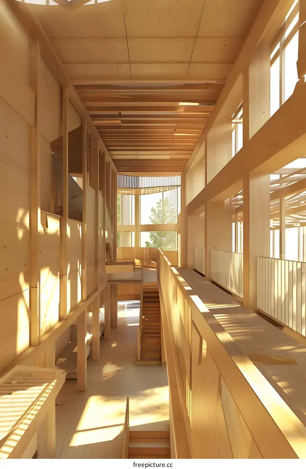 Wooden Structure Interior Design With Stairs And Balconies