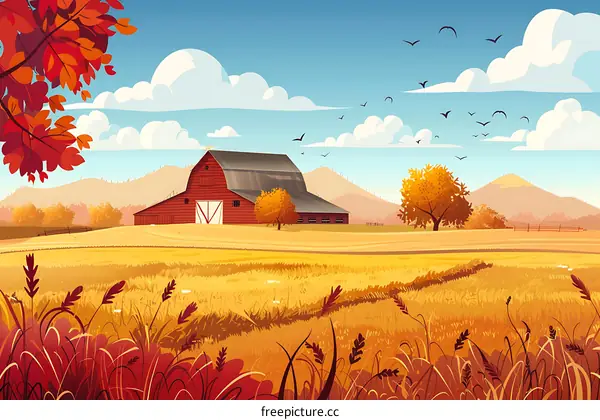 Red Barn in Autumn Landscape