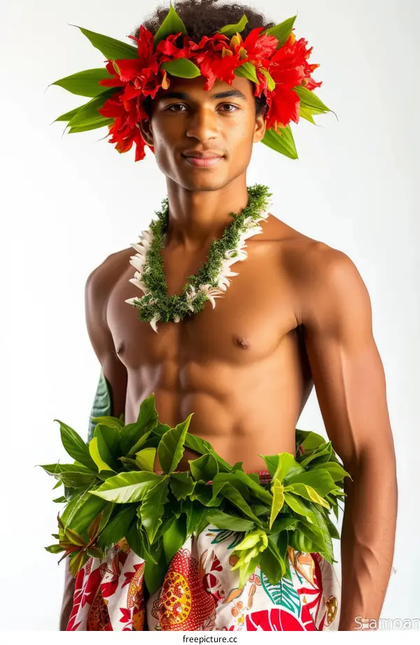 shirtless man wearing a flower crown, necklace, and leaf skirt