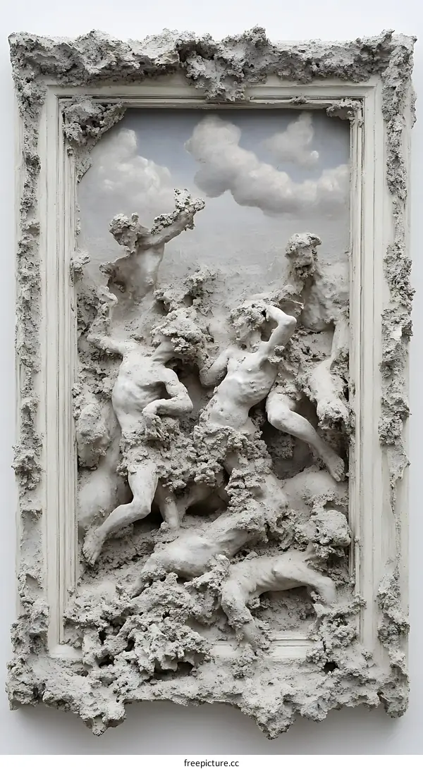 White Plaster Relief Sculpture of Figures in a Landscape