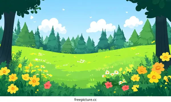 Spring Meadow Illustration with Forest