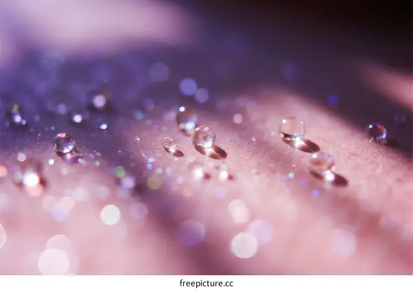 Macro View of Water Drops on Shiny Surface in Soft Light