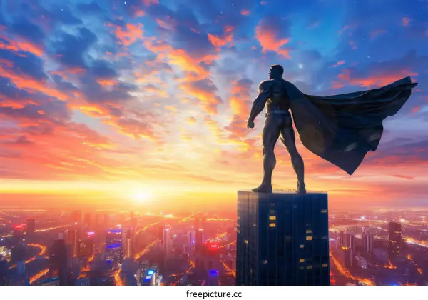 A superhero stands on the top of a building overlooking the city