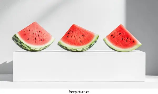 Three Watermelon Slices on a White Display