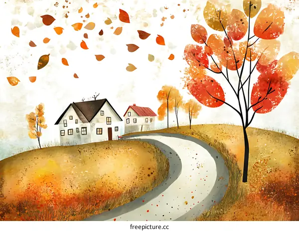Autumn Watercolor Illustration With A Winding Road, Houses and Trees