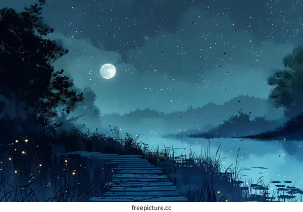 fantasy forest night landscape with bright full moon and wooden dock