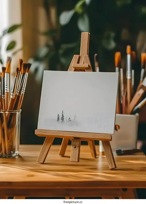 Small Canvas with a Painting of a Forest on an Easel
