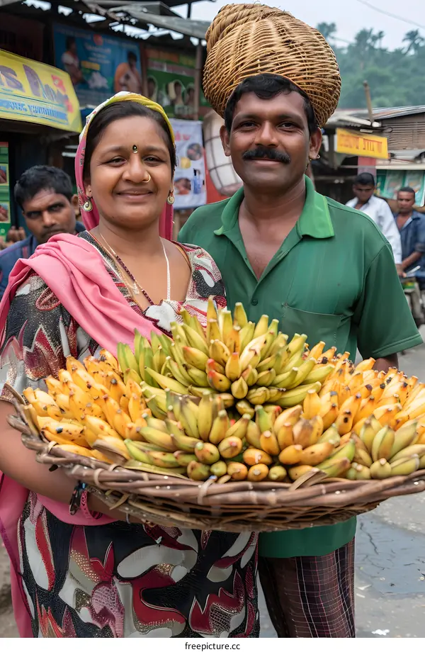 Indian Couple Selling Bananas at a Street Market