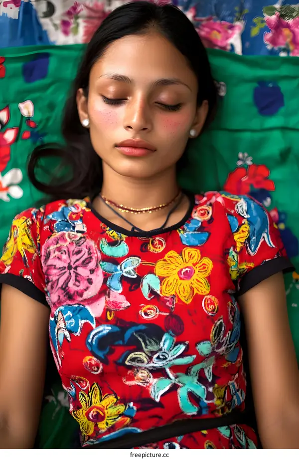 Portrait of a Young Woman Wearing Colorful Floral Dress