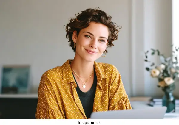 Smiling Caucasian Woman Working on a Laptop